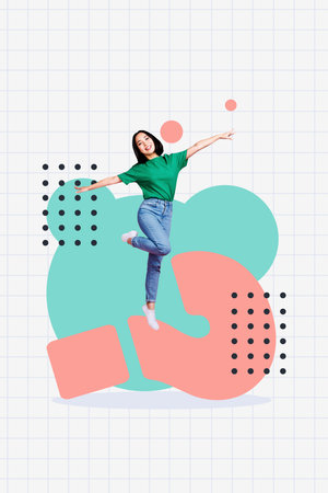 Poster image art sketch vertical collage of happy businesswoman businessman stand question mark contemplation plan findingの写真素材