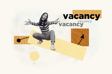 Full image sketch 3d collage poster of happy employee girl guy stand arrow vacancy hiring interface...