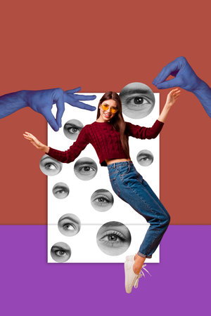 Art image vertical photo collage of happy girl stand eyeball stare control hands look ophthalmology checkの写真素材
