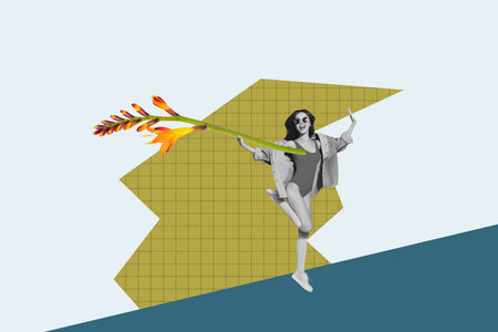 Collage pop of person stand on blue background with bloom flowerの写真素材