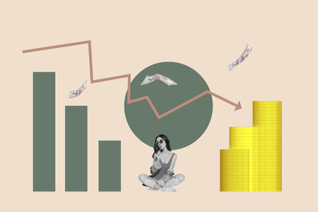 Full 3d image collage of inexperienced businesswoman businessman stand arrow decline dollar loss crisis inflation coin chartの写真素材