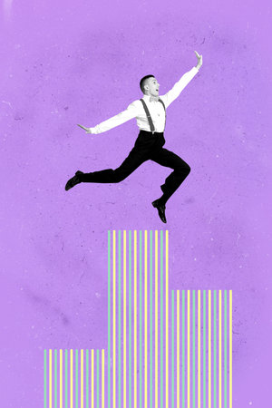 Art image vertical pop photo collage of happy businesswoman businessman stand chart development statistics aim achievementの写真素材