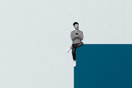 Contemporary image art collage of happy businesswoman businessman stand mockup geometric figure career promotion goal achievementの写真素材