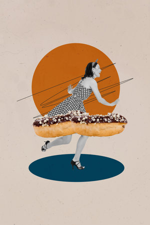 Zine pop image banner 3d photo collage of happy girl guy wear chocolate donut sweet dessert tasty...