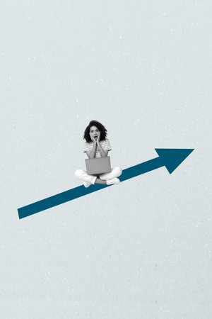 Image art pop 3d zine collage of happy businessman businesswoman stand arrow development career...