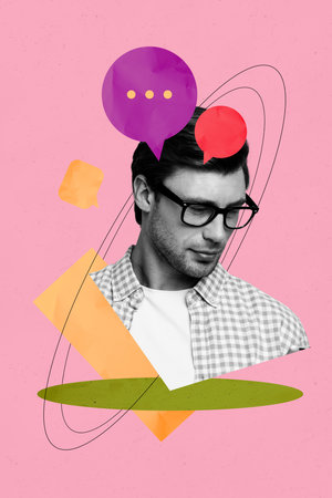 Banner sketch poster trend art collage image of minded girl guy think decision bubble communication icon chatterbox speechの写真素材