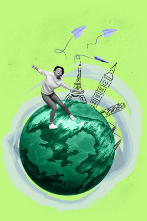 Poster image sketch vertical 3d collage of happy girl guy stand earth map france england rome travel summer journey adventureの写真素材