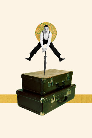 Sketch composite photo collage trend artwork of gentleman young guy jump umbrella pile suitcase holiday vacation tourist outdoors weekendの写真素材