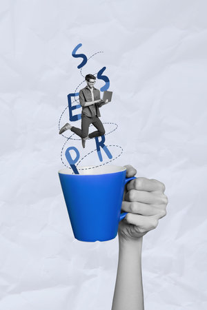 Pop art collage of person stand above cup with letters on grey backgroundの写真素材