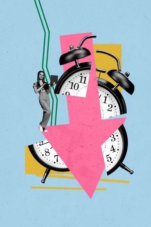 Vertical sketch image photo collage of happy girl guy hold laptop broke clock bell alarm deadline...
