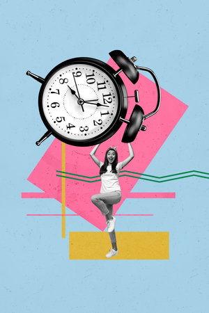 Image zine trend photo collage of happy businesswoman stand ring alarm clock expire limit countdown...