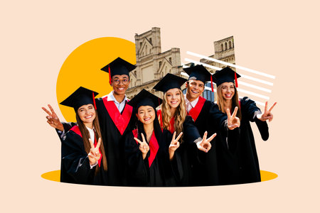 Sketch design trend artwork poster 3D collage of young lady man two finger peace academic knowledge...