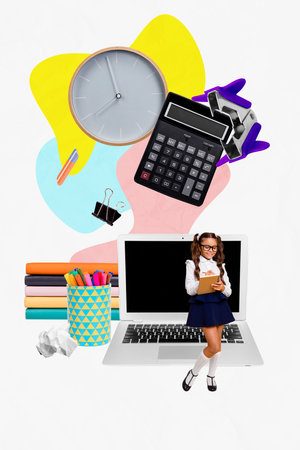 Trend sketch collage of back class classroom college education schoolgirl stand write notebook laptop open count calculator clock suppliesの写真素材