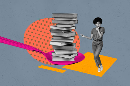 Pop art full zine photo collage of happy girl guy stand library academic book stack education learner vocabulary encyclopedia spoonの写真素材