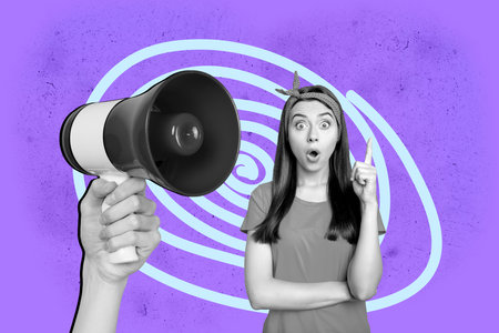 Composite trendy magazine photo collage of happy girl guy stand hand hold megaphoneの写真素材