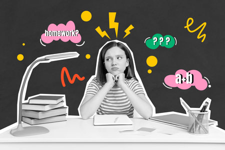 Sketch composite photo collage trend artwork of kids knowledge learn nerd pupil youn glady sad face sit tablet lamp maths count homeworkの写真素材