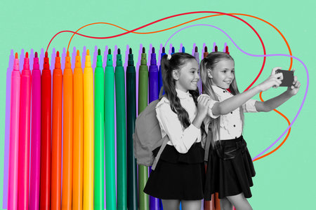 Composite sketch image trend artwork collage of classmates elementary school age young girl friends selfie phone coloring draw pen lessonの写真素材