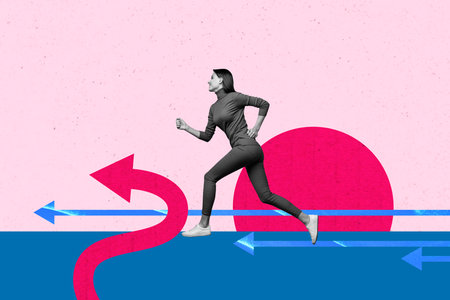 Image pop 3d zine full collage of happy businessman businesswoman stand arrow development career chance promotion employeeの写真素材