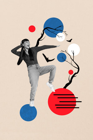 Zine pop image banner 3d photo collage of happy girl dance park sakura bloom tree tradition party chillの写真素材