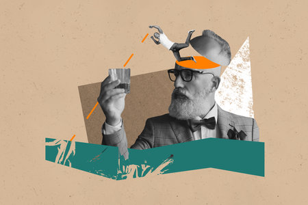 Exclusive creative collage of serious old man hold gin glass toast happy young guy jump pub holidayの写真素材