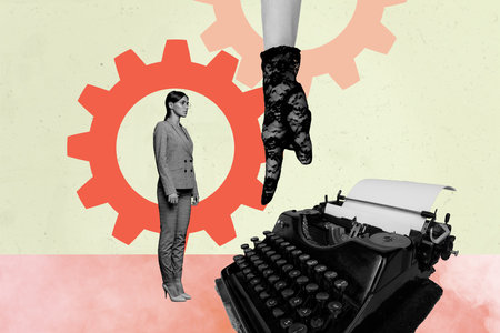 Poster art collage of person look stand near type machine cog gear wheel on pastel red backgroundの写真素材