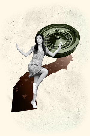 Art image vertical photo collage of happy girl guy stand roulette table cards combination game winning chip stack tournamentの写真素材