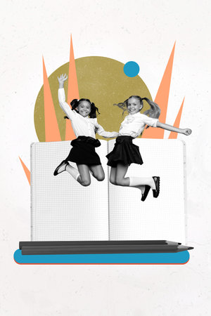 Trend composite sketch template collage of season september student study uniform classmates friends two schoolgirl hold hand jump smileの写真素材