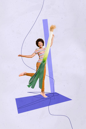 Art banner collage of person stand with green leek on purple backgroundの写真素材