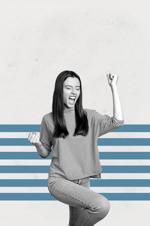 Banner vertical art collage of happy businesswoman businessman receive development career aim achievement doodle successの写真素材