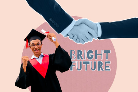 Trend artwork 3D photo collage of university courses diploma graduation success young man excited smile hand gesture success cooperationの写真素材