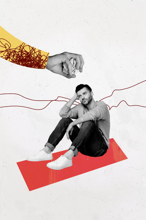 Art collage of person sit with messy lines having hand gesture paper on white background