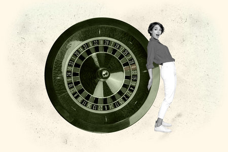 Art image full 3d photo collage of happy girl guy stand roulette table casino game winning tournament poker playerの写真素材