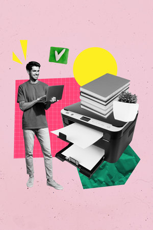 Vertical poster art photo collage of happy manager businessman hold laptop stand printer tool office equipment checkmark signの写真素材