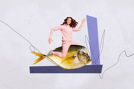 Poster art collage of person sit above fish on grey color background