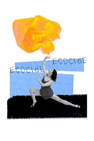 Vertical sketch 3d collage poster of serious girl dance plastic bag pollution trash problem environmental crisis damageの写真素材