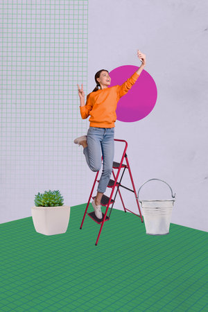 Trendy sketch pop artwork collage of happy businesswoman businessman stand career ladder development bucket pot plant successの写真素材