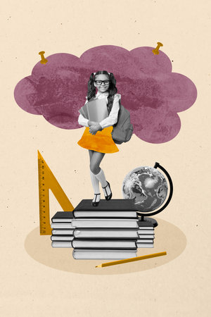 Vertical poster trendy collage of happy small preteen girl stand book education ruler pencil globe supplies geography subjectの写真素材