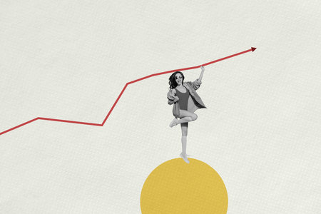 Pop collage of person stand circle figure under arrows graphs over grey backgroundの写真素材