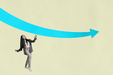 Collage of people office tools arrow chart symbolizing business growth teamwork career development
