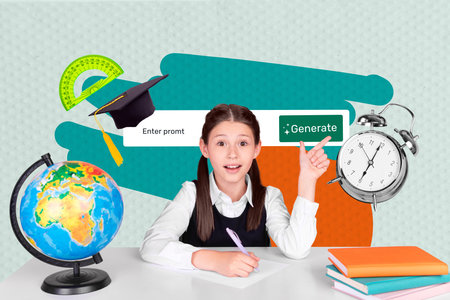 Exclusive artwork collage of happy schoolgirl sit table globe notepad supplies chat generate tab...