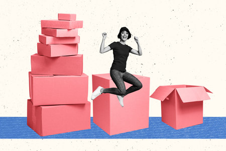 Sketch composite 3D photo collage trend artwork of young lady jump happy smile pile box seller buy...