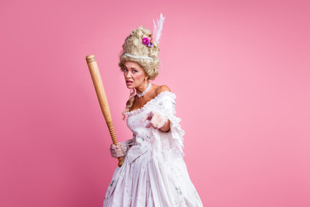 Historical costume woman combines vintage elegance with a humorous twist