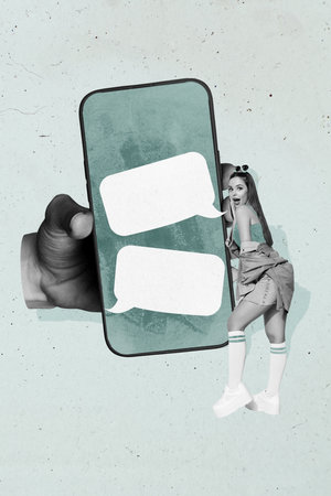 Sketch vertical photo collage of happy hipster girl hand hold phone screen messenger chatterbox notification phrase dialogueの写真素材