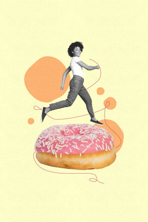 Collage of person near giant donut blending fast food imagery with modern cultureの写真素材