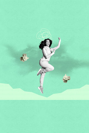 Collage of joyful person with crumpled papers and sketchy swirl above head representing ideas stress thinkingの写真素材