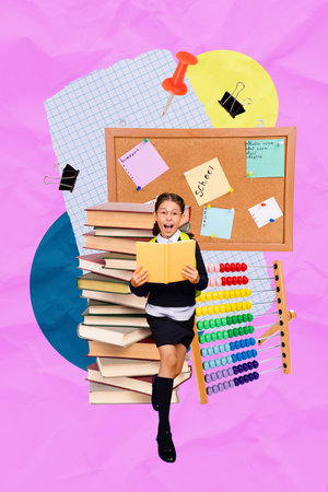Composite artwork collage template sketch of young girl walk hold book library count tool board plan autumn back class classroom collegeの写真素材