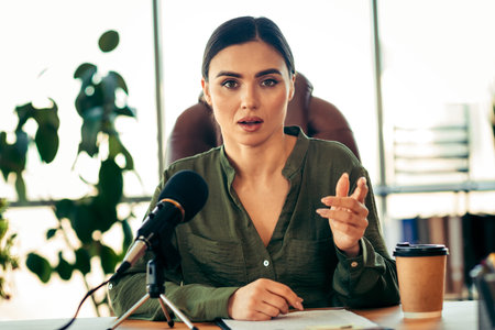 Young professional woman speaking into a microphone in an office, representing a formal business...
