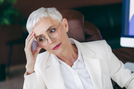 Businesswoman with a thoughtful expression sitting in her office chair dressed in formal white attire, contemplating solutions.の写真素材