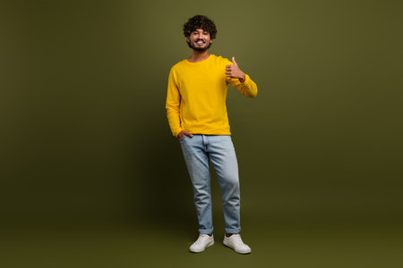 Portrait of a young stylish man smiling confidently in a yellow long-sleeve shirt, showing a...