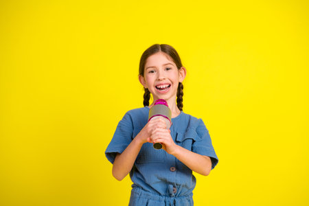 Young girl singing happily holding a colorful microphone against a vibrant yellow background, expressing joy and creativityの写真素材